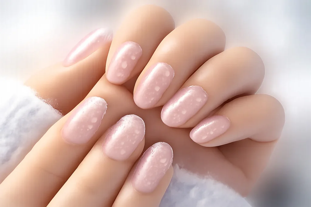 Transparent clear nails with delicate white stars and winter art.
