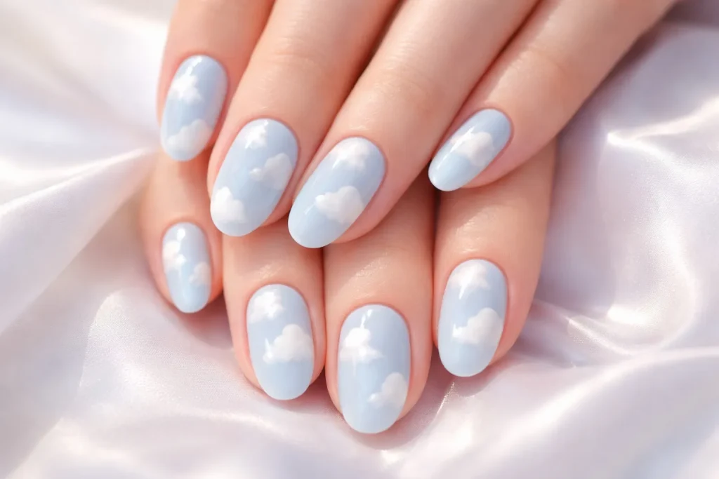 Baby blue nails decorated with soft, fluffy white hand-painted cloud designs.