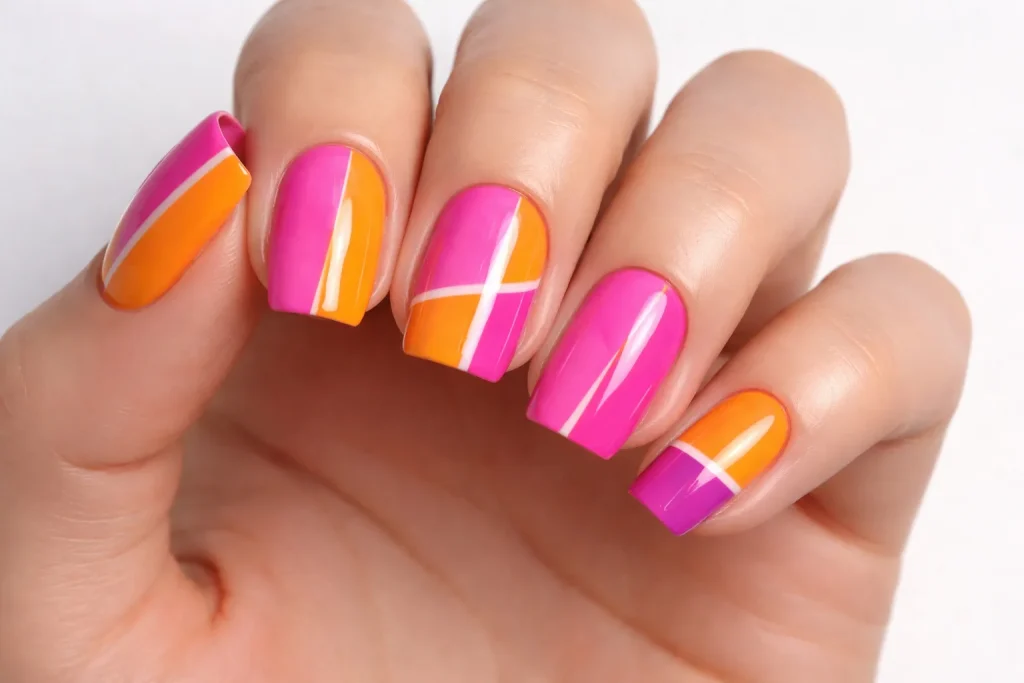 Modern color block nails with geometric sections of bright pink and orange polish.