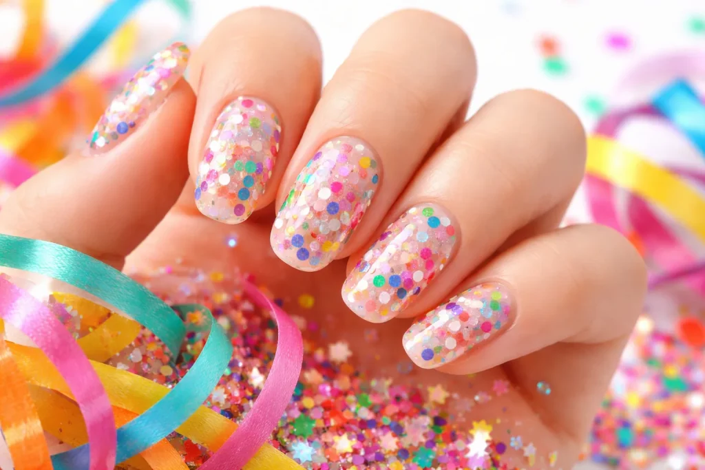 Clear nails with colorful confetti glitter for a fun birthday party