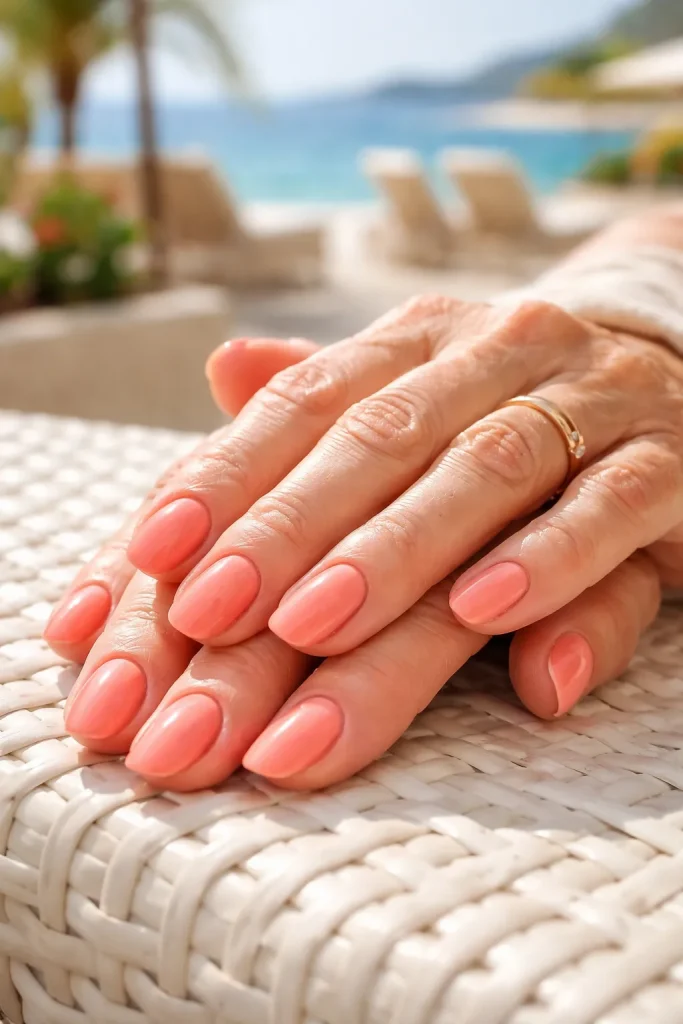 Soft coral nail polish on mature hands in a bright summer setting