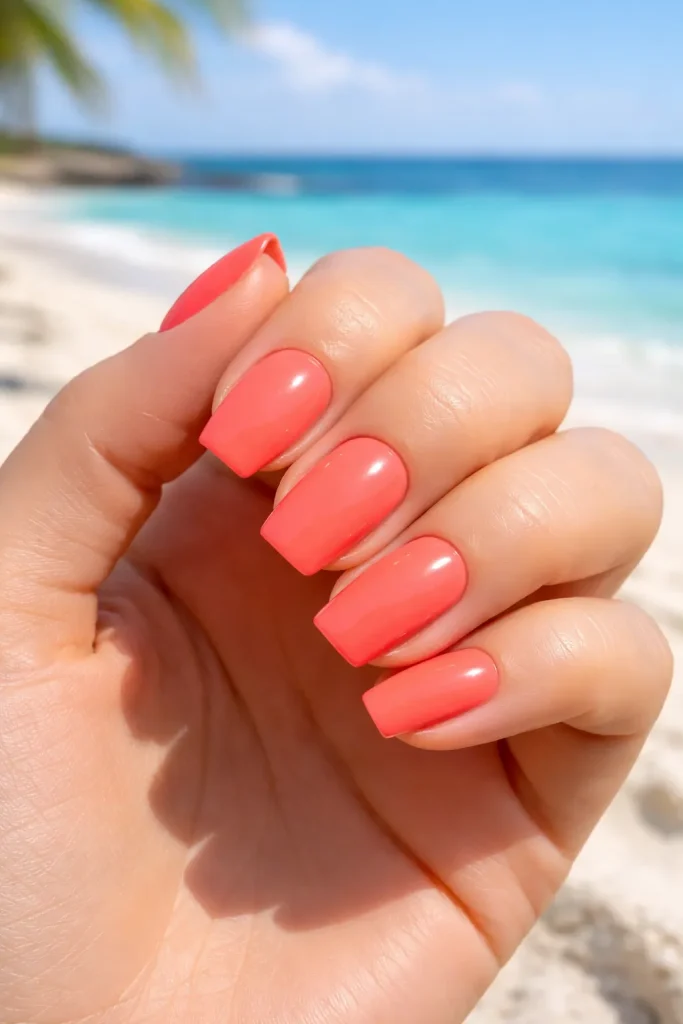 Bright coral summer nails against a tropical beach background