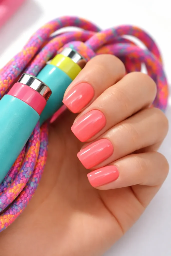 Vibrant coral pink short nails next to a jump rope