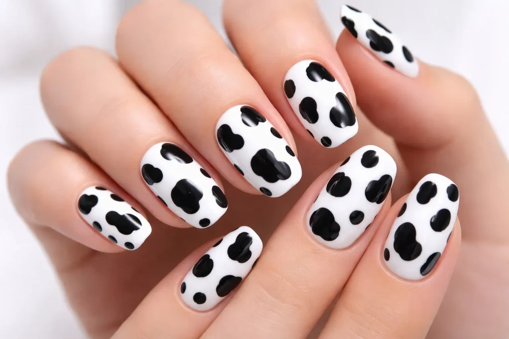 Trendy white nails with irregular black cow print spots in a modern pattern.