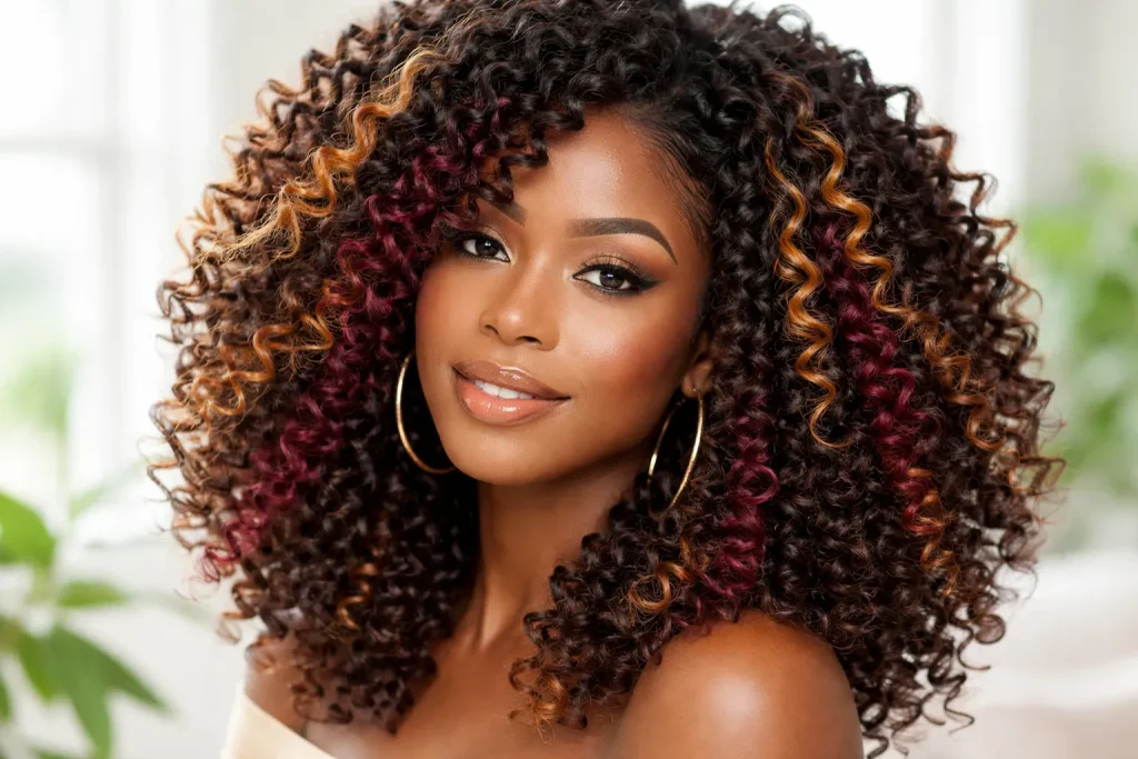 Curly crochet hair with honey blonde and burgundy highlights