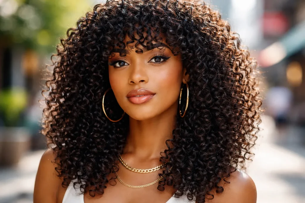 Curly crochet hairstyle with soft bangs over the forehead