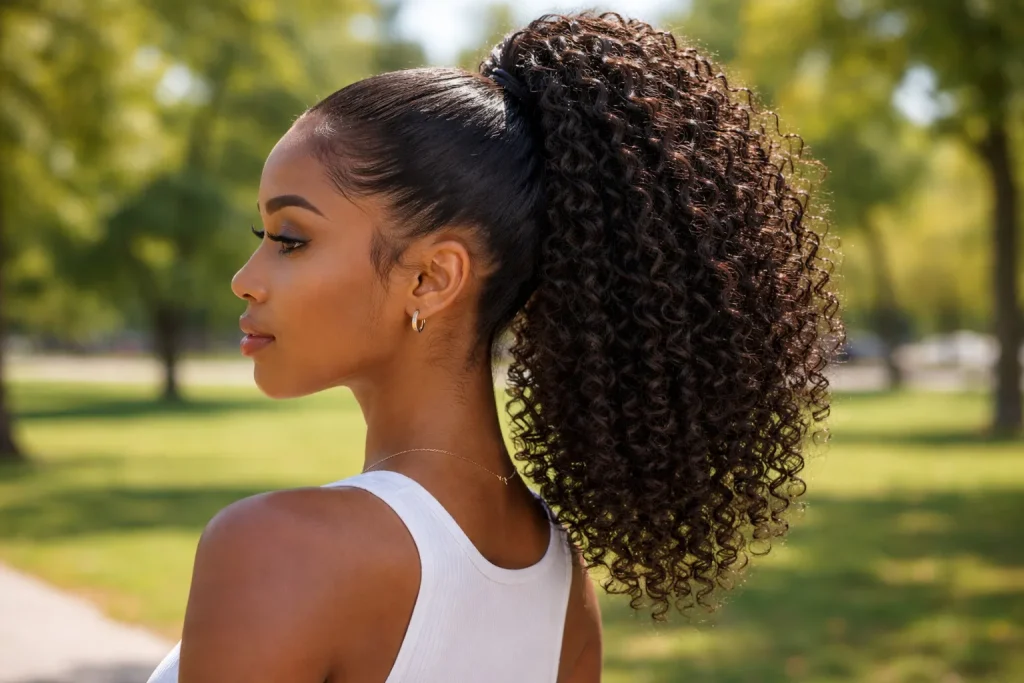High curly crochet ponytail hairstyle for Black women