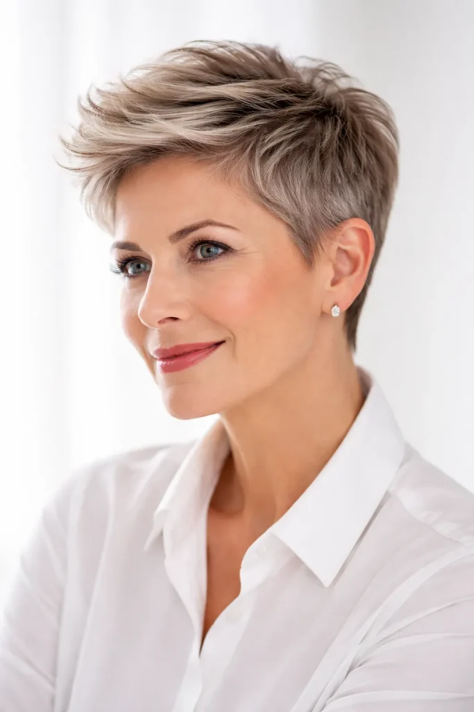 Mature woman with a cropped haircut featuring short sides and a longer voluminous top