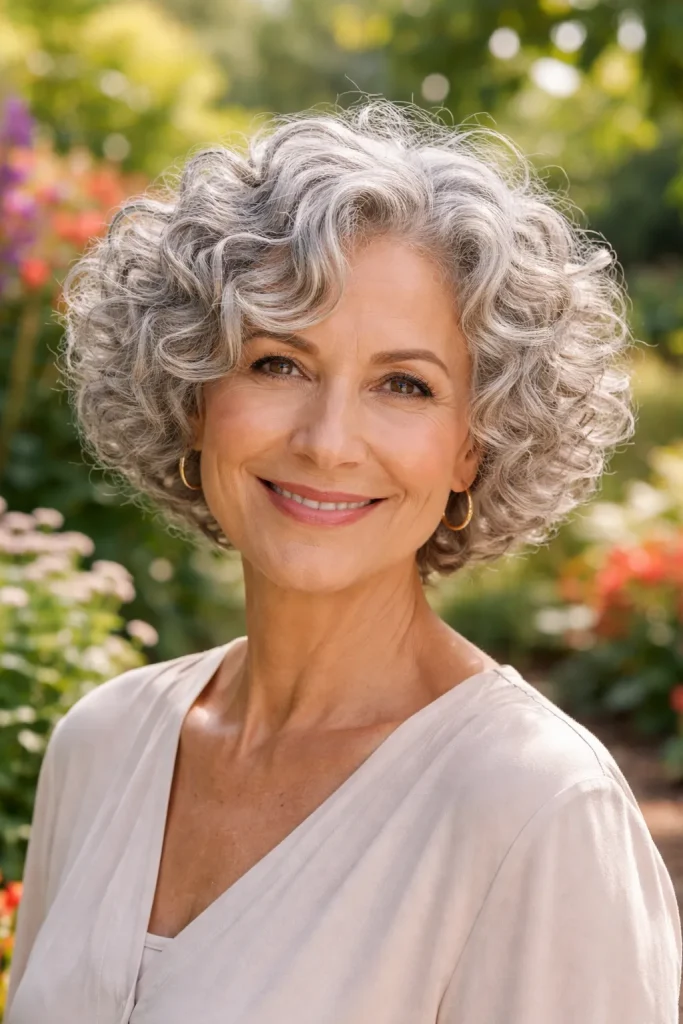 Mature woman with a voluminous short curly bob showing defined silver curls