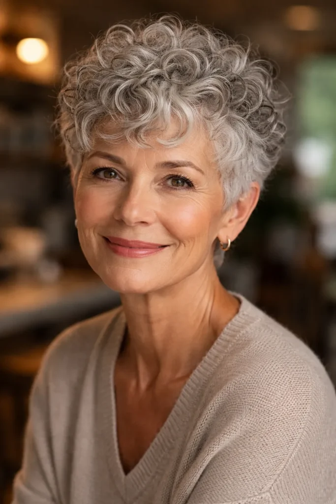 Older woman with a short curly pixie haircut showing natural silver curls