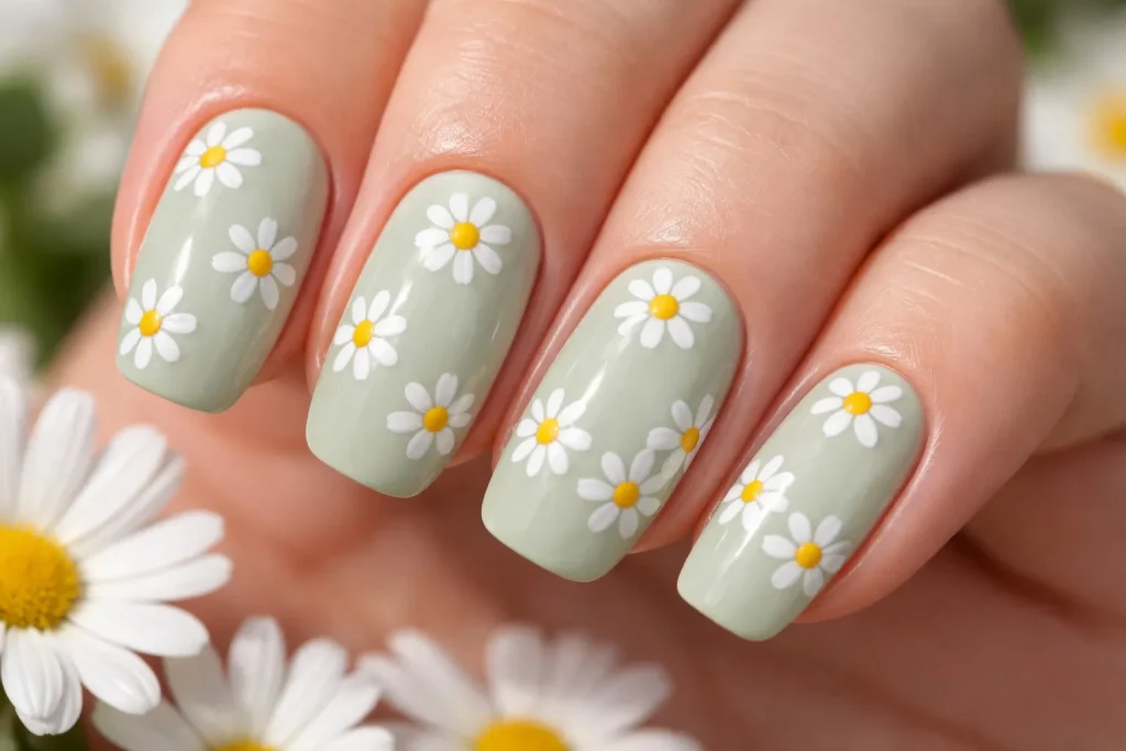 White daisies with yellow centers painted over a sage green nail polish base.