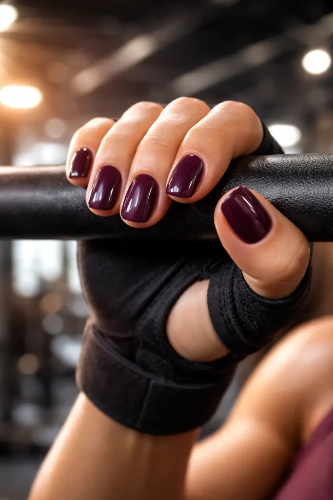 Deep plum colored gel nails on a pull-up bar