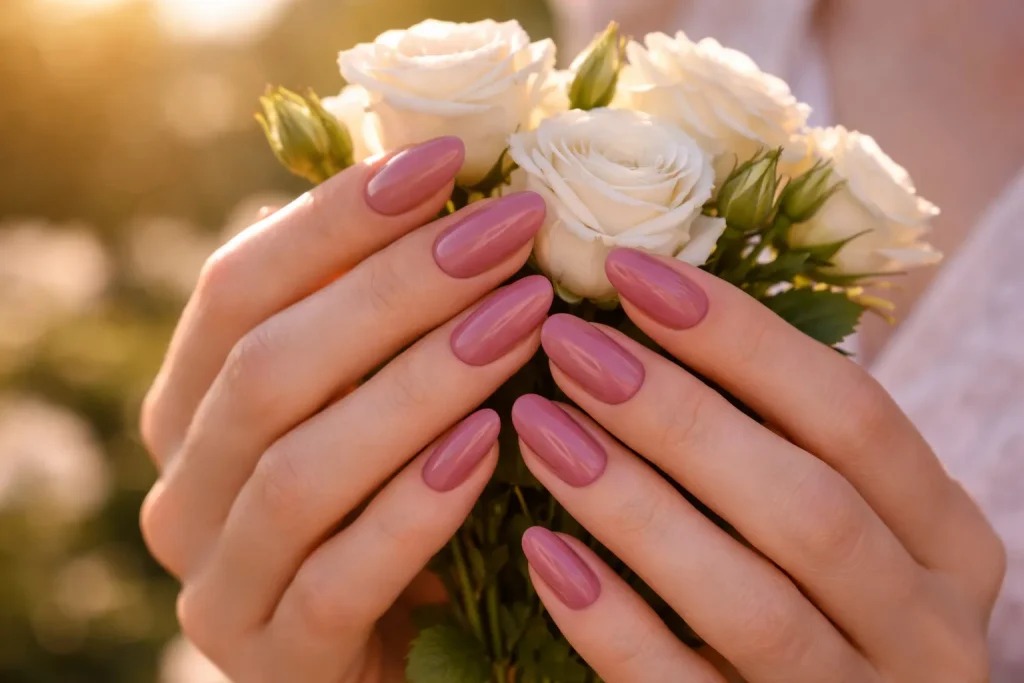 Elegant dusty rose nails on a woman holding white wedding flowers.