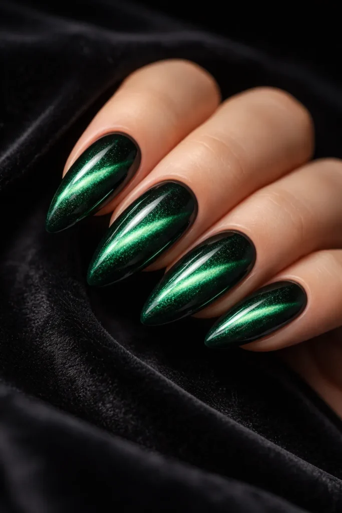 Close up of emerald green cat eye nails with a bright magnetic shimmer line on a velvet background.