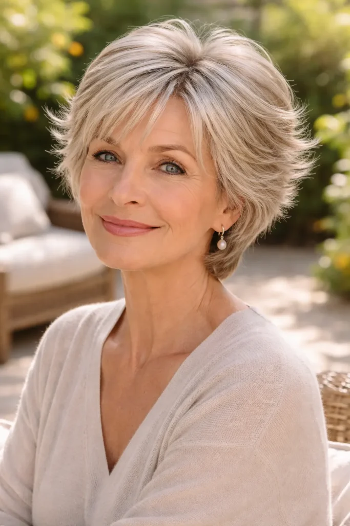 Older woman with a soft feathered short cut and wispy layers