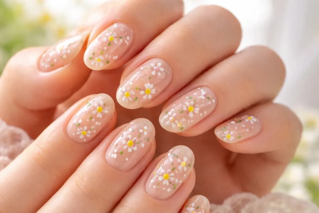 Close up of tiny white daisy floral patterns on nude almond shaped nails.