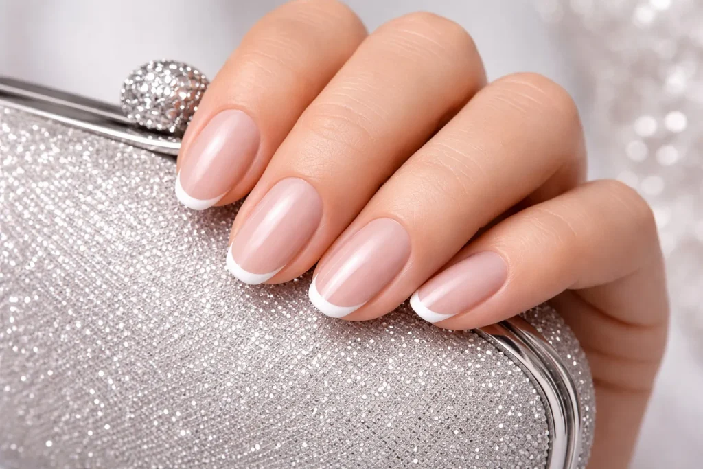Modern French manicure with thin white tips on natural nails holding a silver clutch.