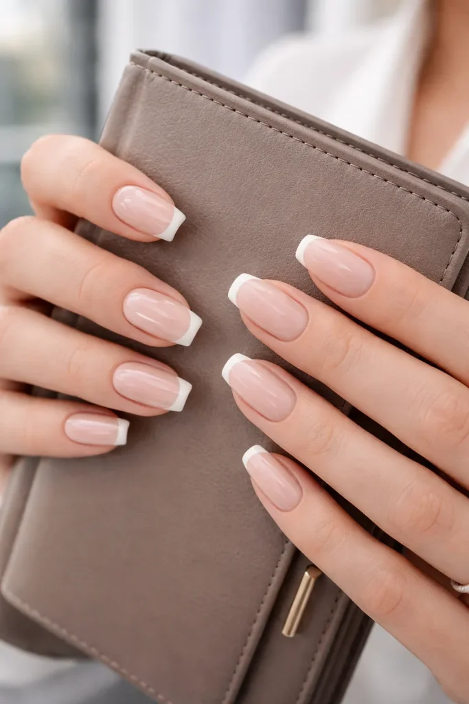 Modern French manicure with thin ivory tips and a nude base on professional hands