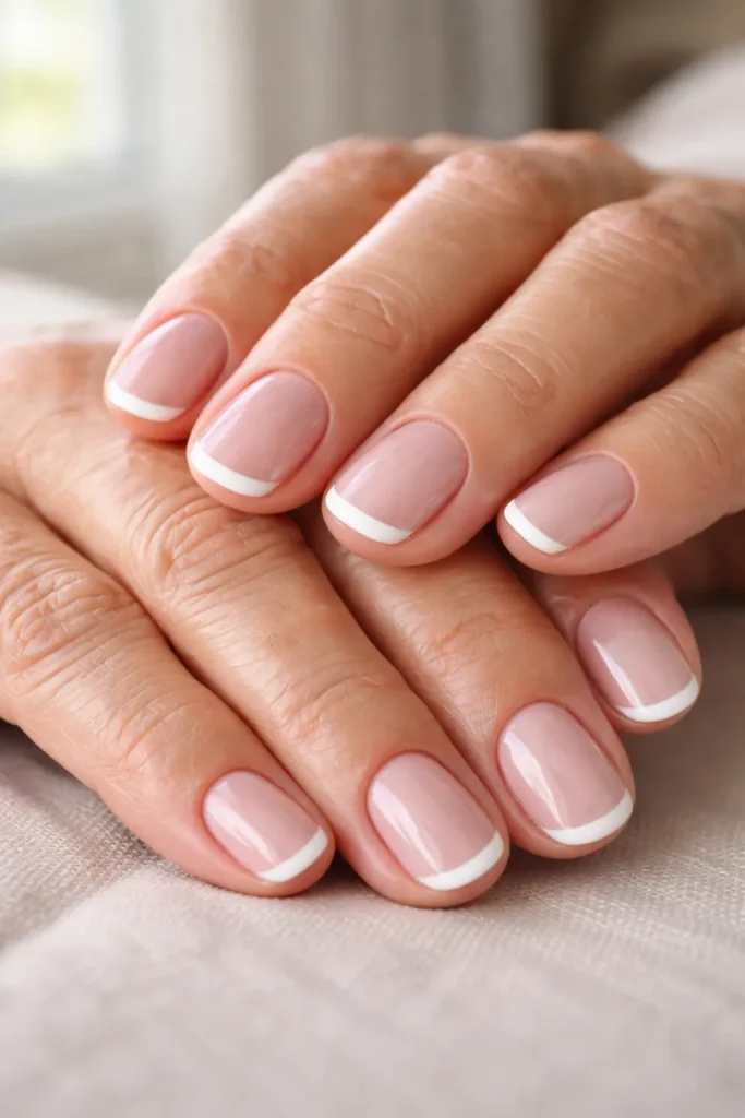 Close up of a classic French manicure with white tips on mature hands