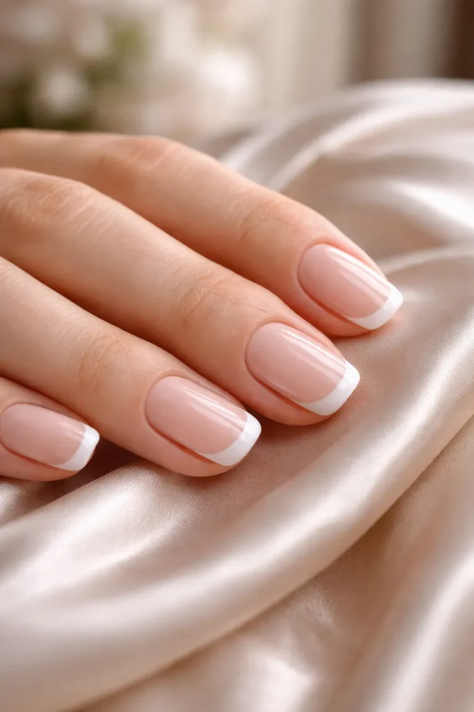 Classic French manicure with pale pink base and white tips on short nails