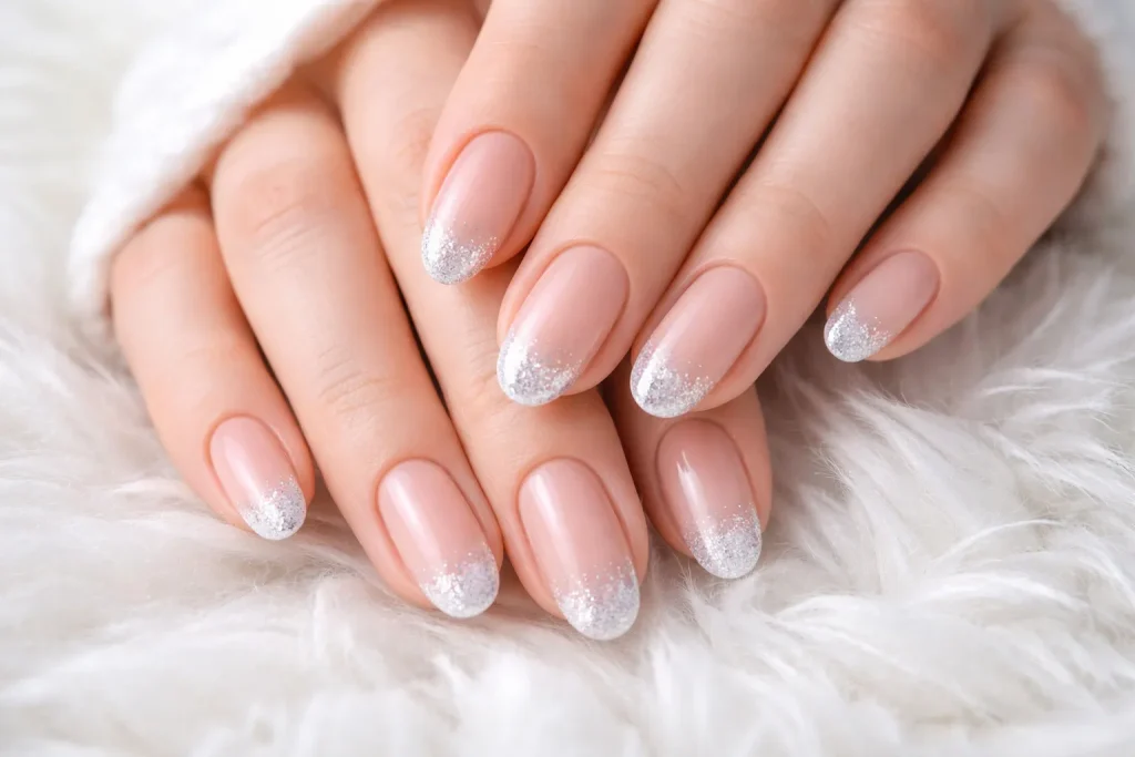 Nude nails with silver glitter French tips on a white fur rug.