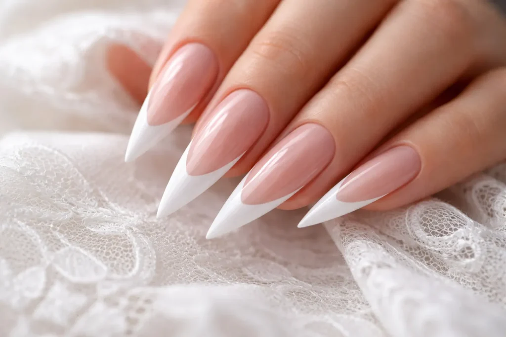 Elegant French tip stiletto nails with a soft pink base and sharp white points