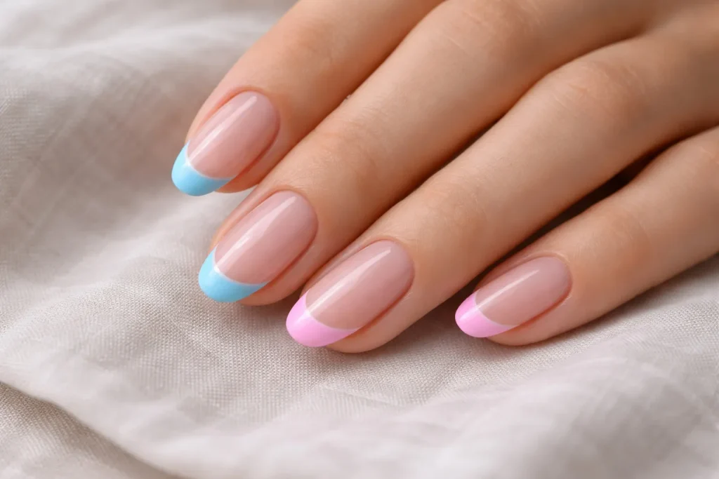Modern French manicure featuring colorful sky blue and pink tips on clear nails.