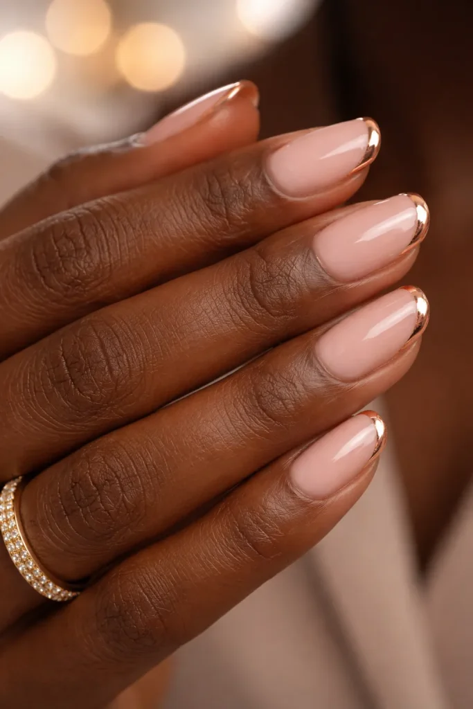 Short nude nails with thin metallic rose gold French tips on dark skin