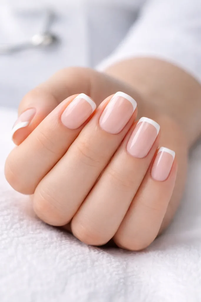 Classic French manicure with thin white tips on very short nails