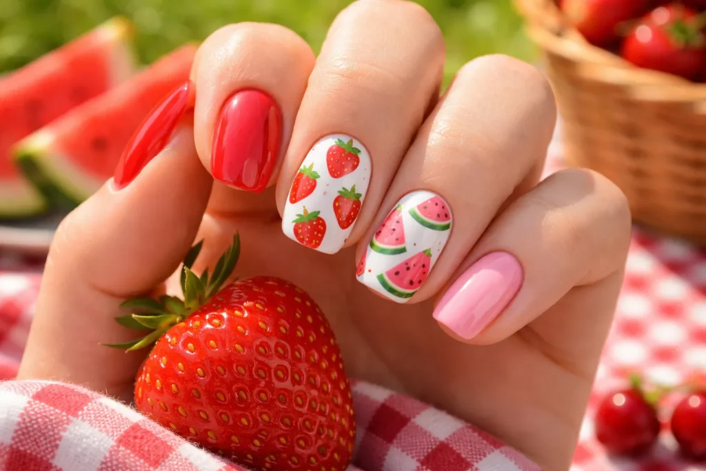 Fun summer nails with tiny hand-painted strawberry and watermelon designs.