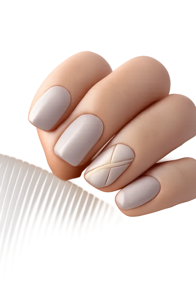Pale grey nails featuring a minimalist gold geometric accent on the ring finger