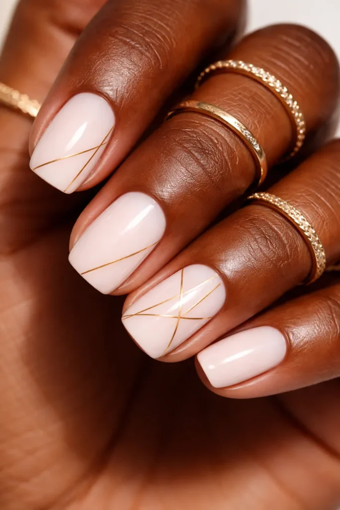 Short white nails with thin gold geometric line art
