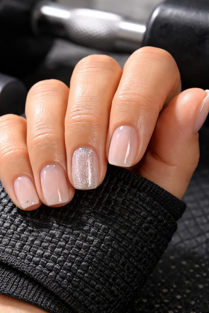 Clear gel nails with a silver glitter accent finger