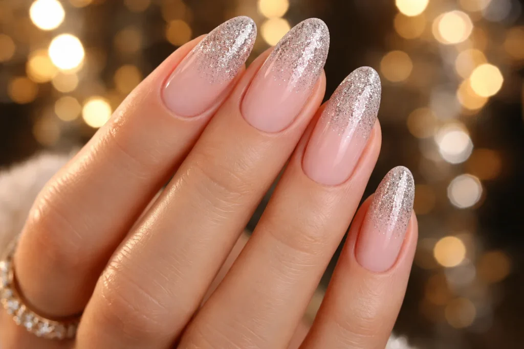 Nude nails with a soft silver glitter gradient French fade