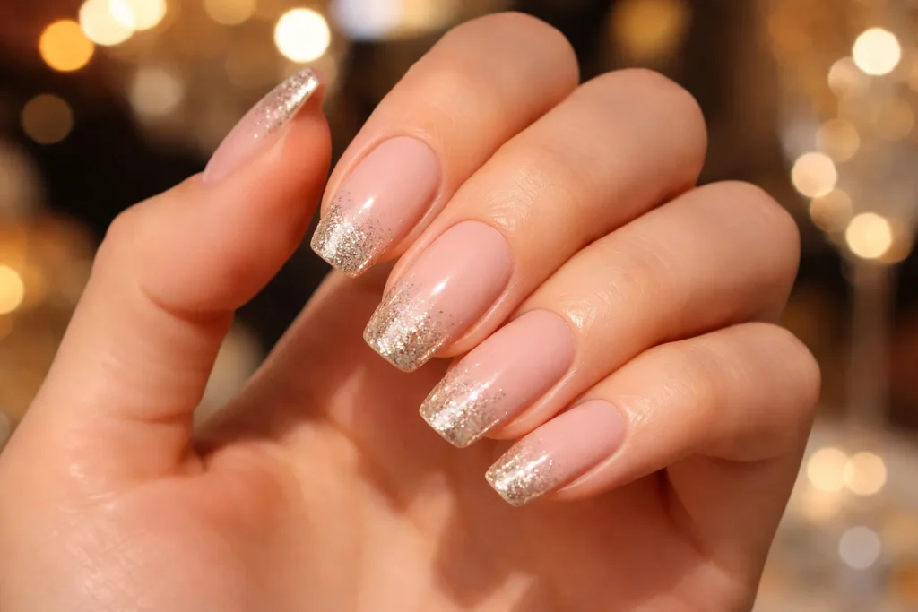 French tip manicure with champagne glitter tips on a nude base