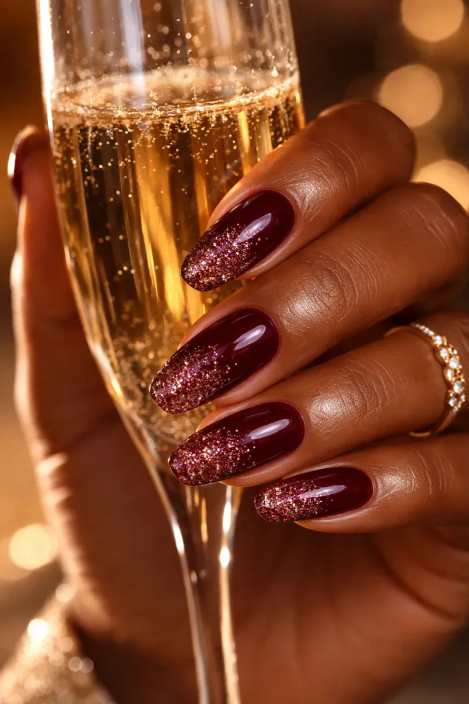 Burgundy nails with a sparkling glitter gradient concentrated at the tips on dark skin.