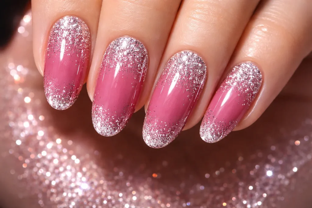 Rose pink nails with a silver glitter gradient fading from the tips.