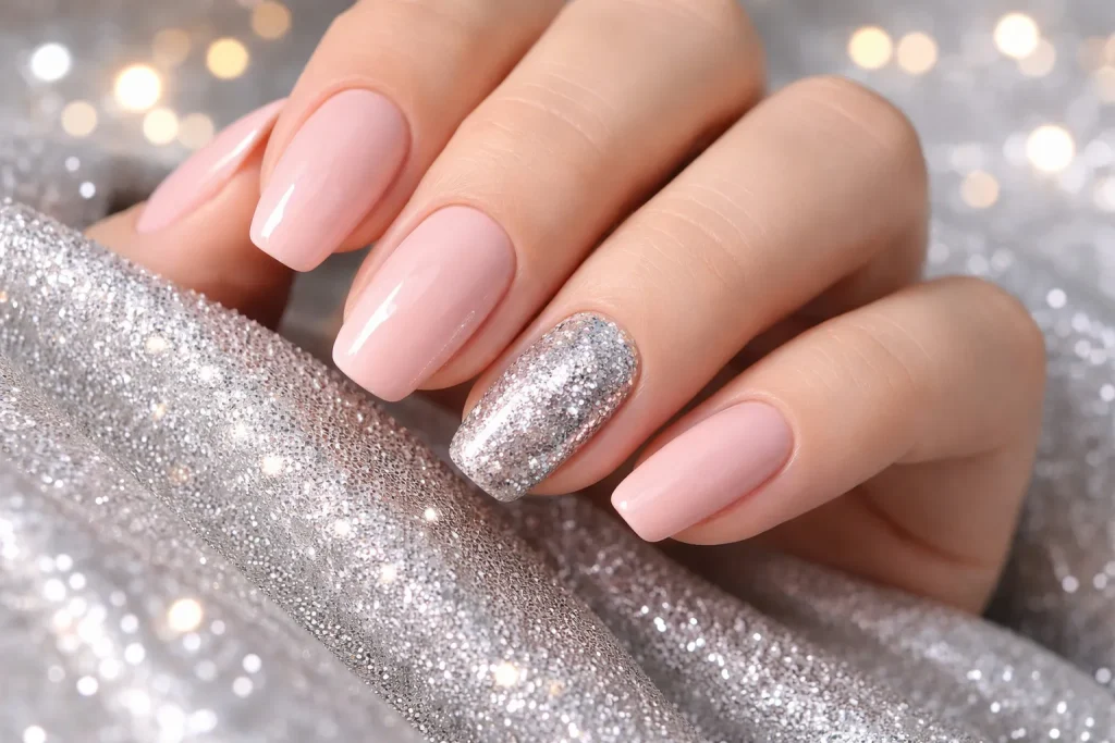Soft pink nails with a sparkling silver glitter accent nail.