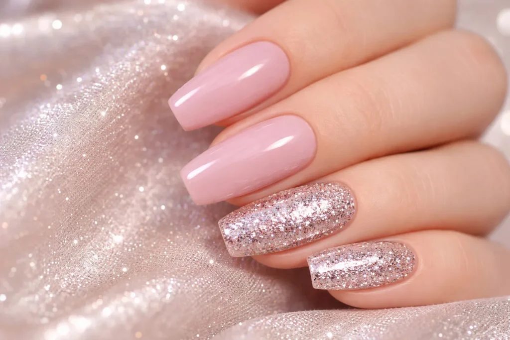 Close up of pink glitter glam birthday nails with silver sparkle accents