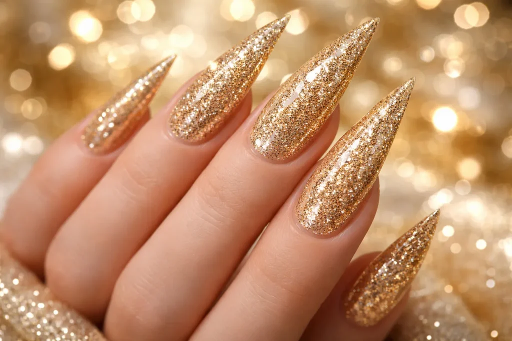 Sparkly gold glitter stiletto nails with a smooth high-gloss top coat