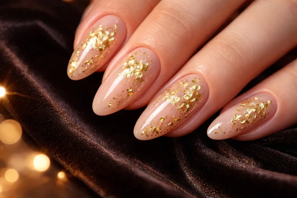 Nude nails with reflective gold foil flakes for a luxury party look