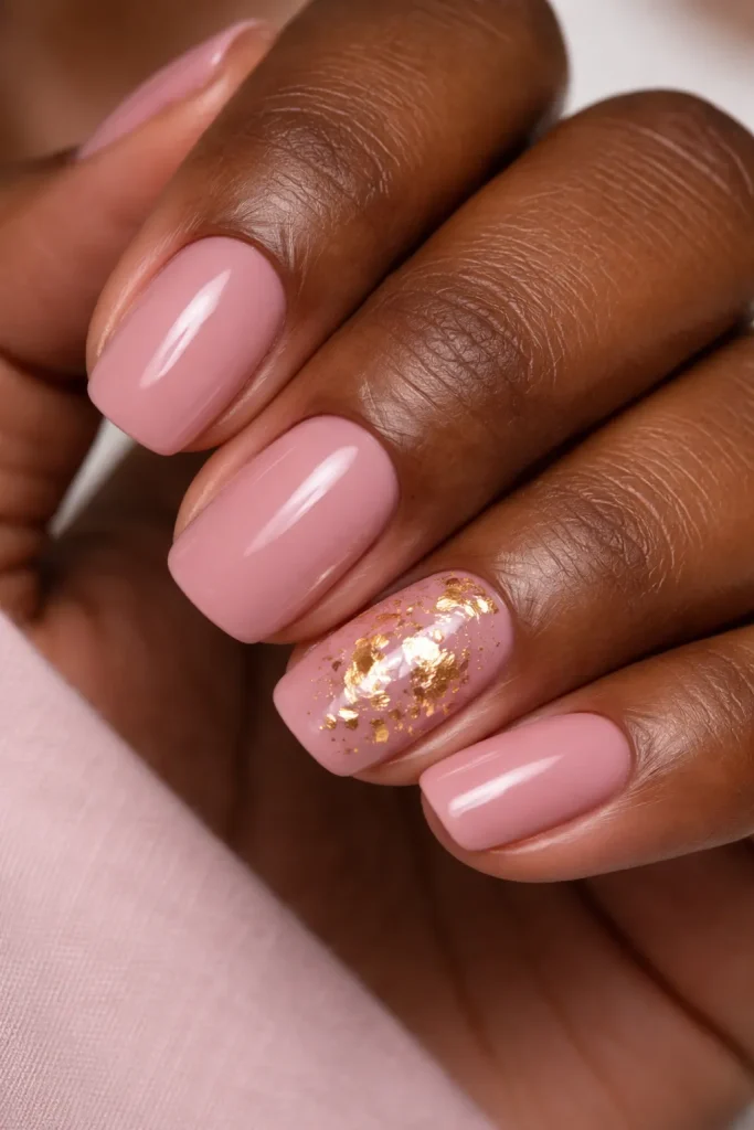 Dusty rose nails with gold foil flakes on dark skin