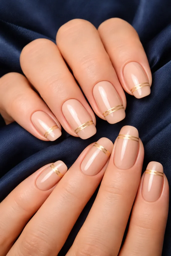 Nude nails featuring delicate and thin gold striping for a modern look