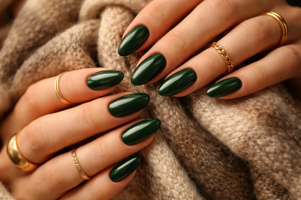Glossy pine green nails with gold jewelry on a wool scarf.