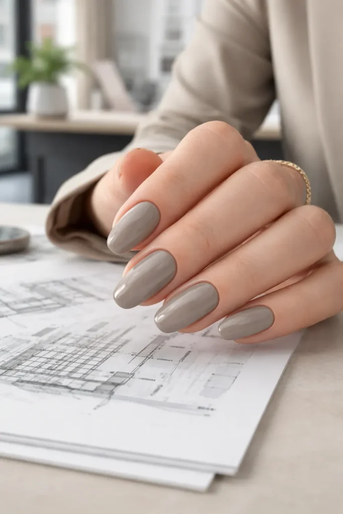 Modern greige manicure with a high-gloss finish on well-groomed hands