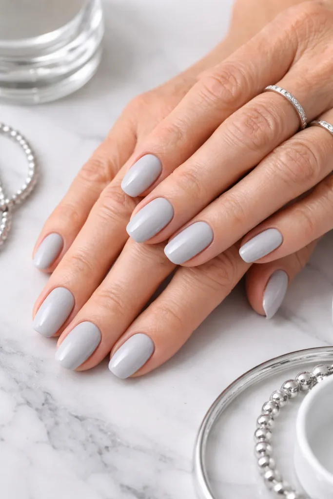 Soft pale grey nail polish on mature hands with silver jewelry