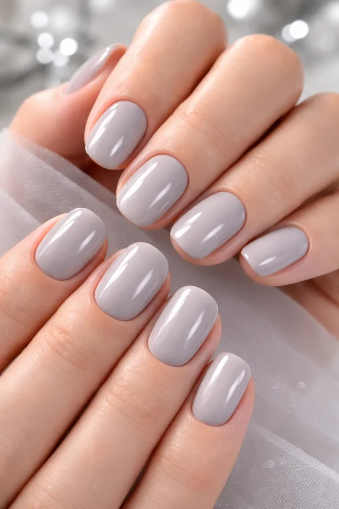 Pale dove grey wedding nails with a glossy finish and cool undertones
