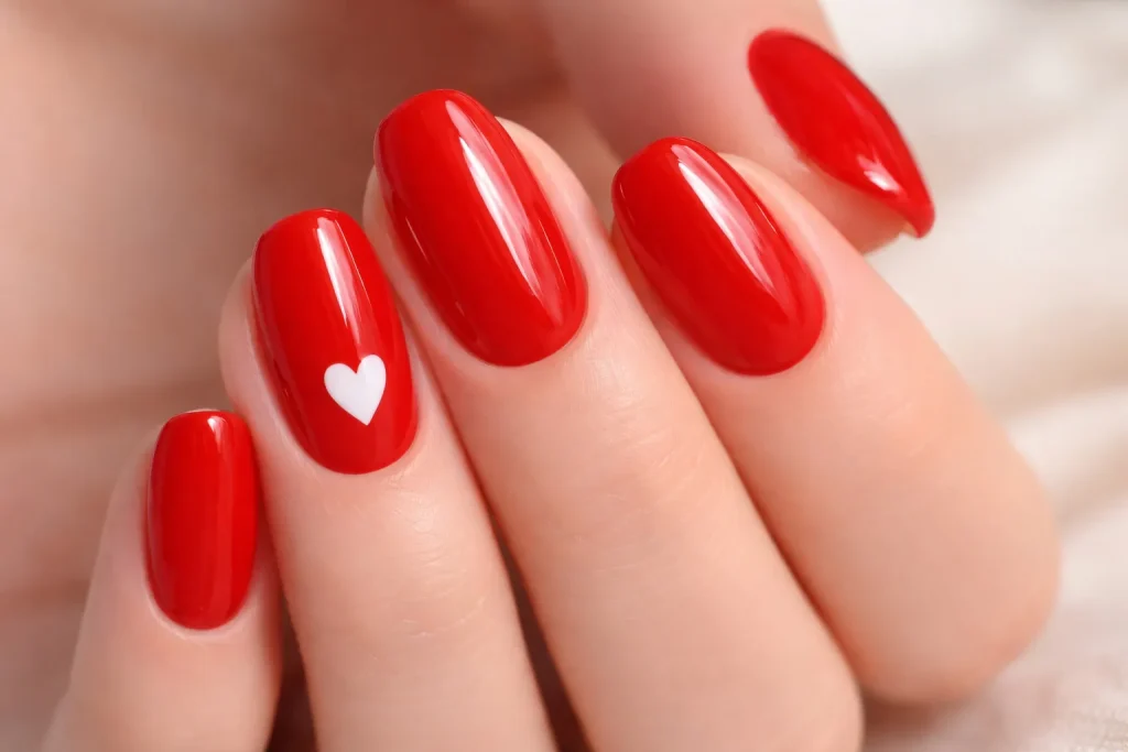 Glossy red nails with a simple white heart painted on the accent finger.