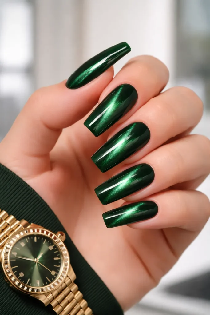 Classic hunter green cat eye nails with a sharp magnetic stripe and gold accessories.
