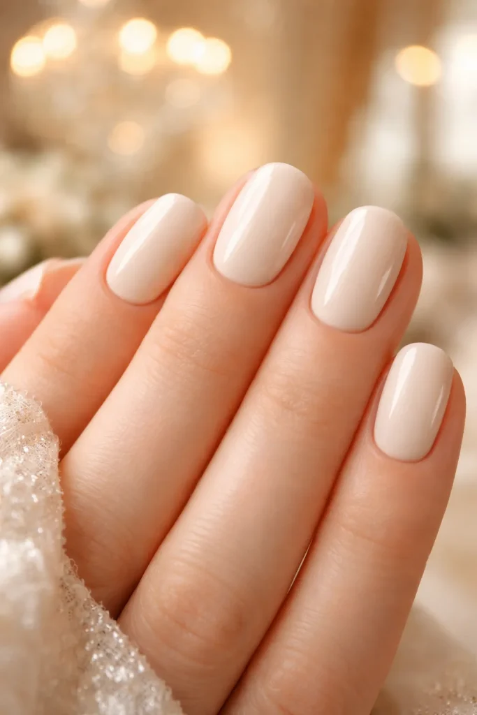 Solid ivory cream nails with a high-gloss finish for a formal wedding